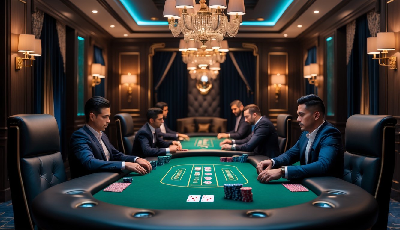Ruangan poker VIP mewah dengan meja poker hijau dan kursi kulit, beberapa pemain berpakaian rapi sedang bermain kartu di suasana eksklusif dan hangat.
