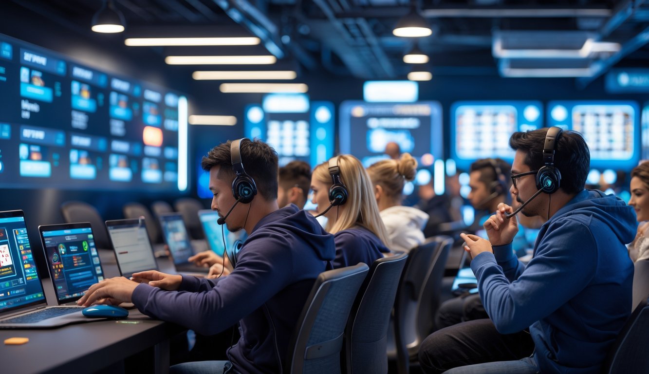 Beberapa orang bermain poker online menggunakan laptop dan ponsel dengan suasana ruang kerja modern dan seseorang menggunakan headset untuk bantuan langsung.