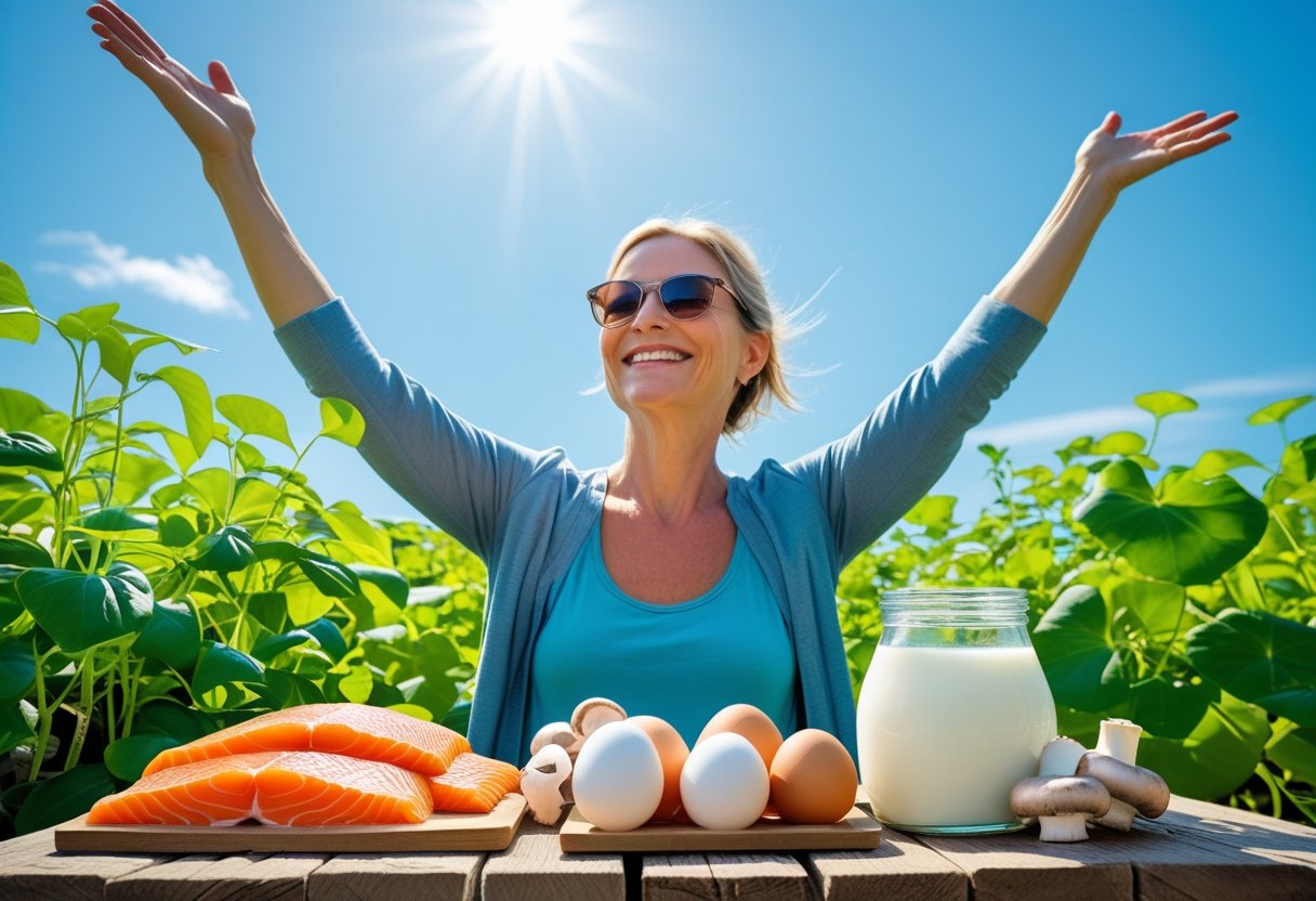A smiling woman outdoors in sunlight with vitamin D rich foods on a table nearby.