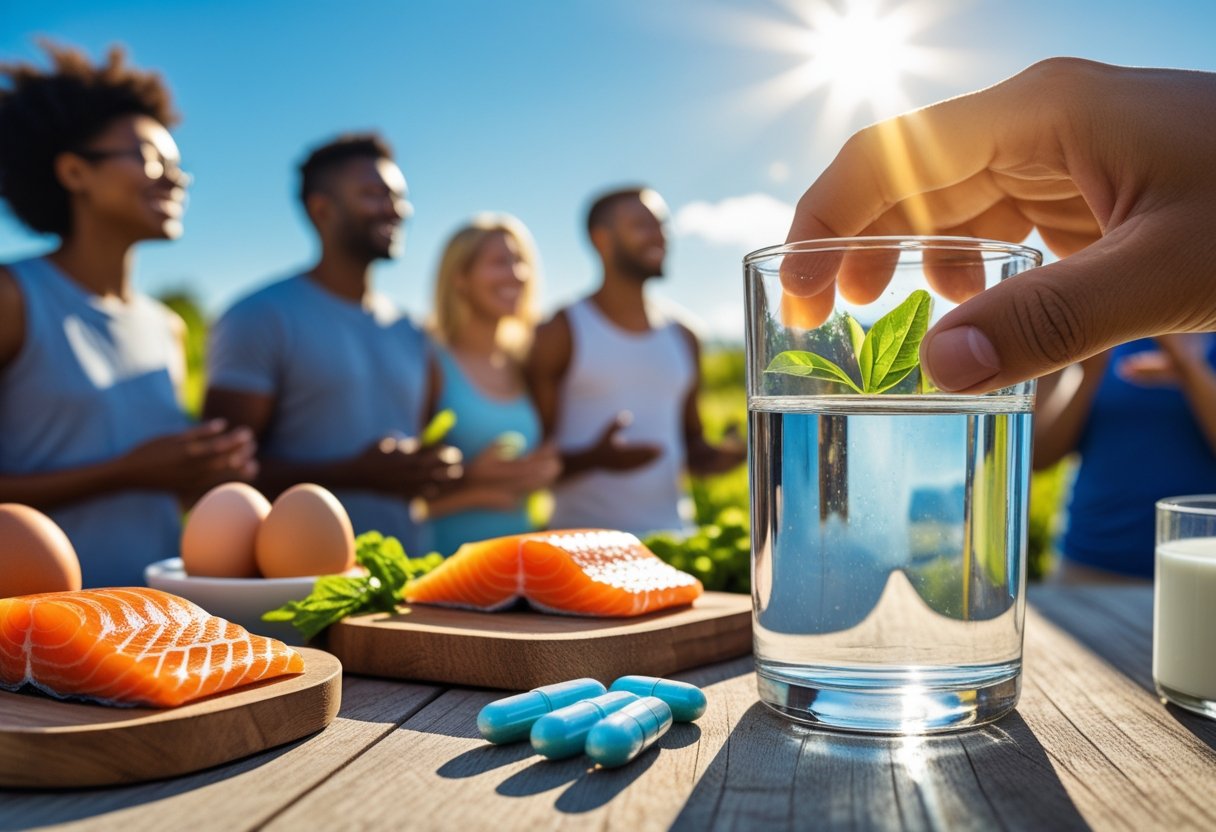 People enjoying sunlight outdoors with Vitamin D supplements and foods like salmon and eggs on a table in bright daylight.