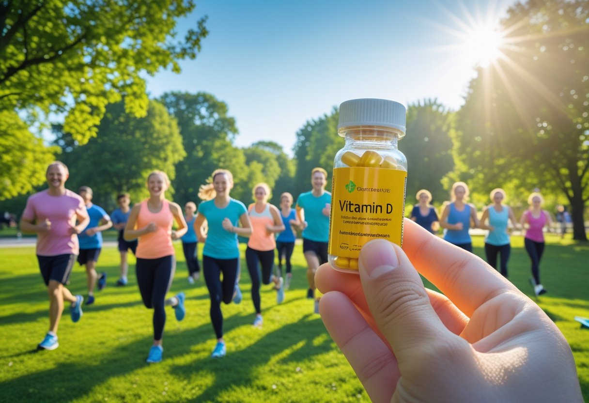 A group of healthy people outdoors enjoying sunlight with a hand holding a bottle of Vitamin D supplements in the foreground.