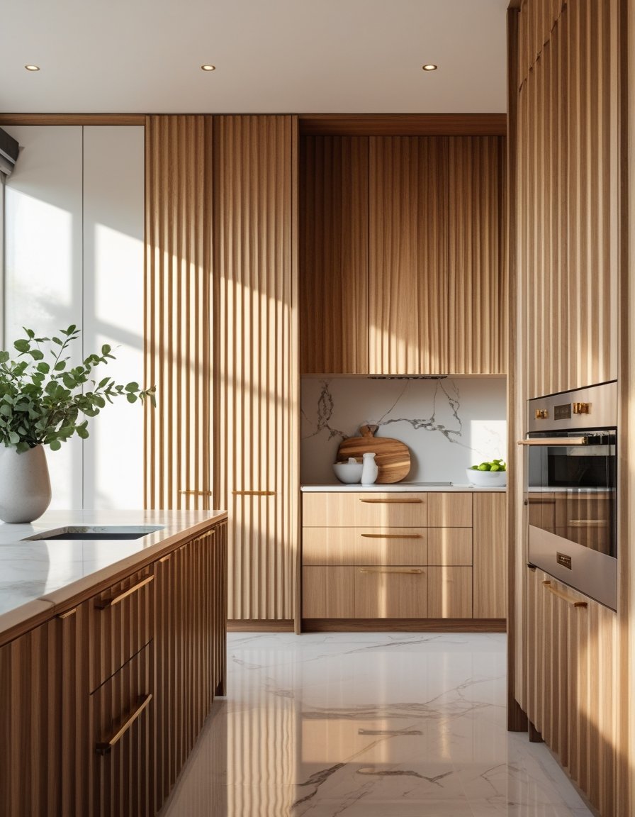 A modern kitchen with wood-paneled cabinets featuring vertical grooves, a white marble countertop, gold hardware, and a kitchen island with a vase of green leaves.