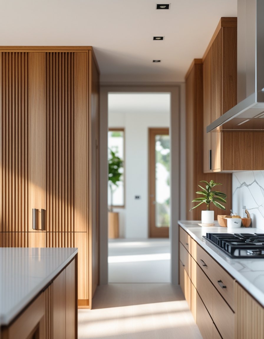 Close-up view of kitchen cabinets with vertical grooved wood details in a bright kitchen with marble countertops and minimalistic decor.