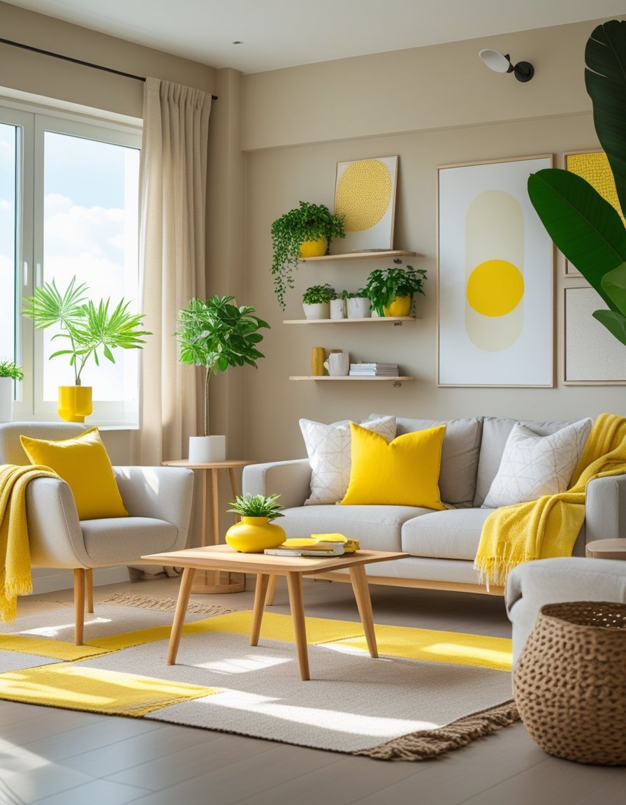A neutral living room with beige and gray furniture accented by bright yellow pillows and a yellow armchair, with natural light and green plants.