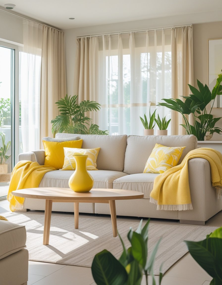 A neutral living room with beige and cream tones, brightened by yellow pillows and a vase, with natural light coming through large windows.
