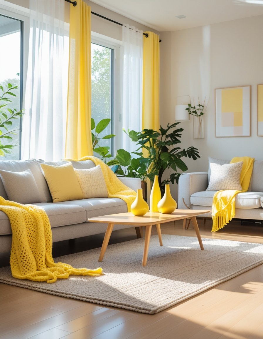 A neutral living room with light gray sofa and butter yellow pillows and blanket, wooden coffee table with decorative vases, green plants, and sunlight coming through large windows.