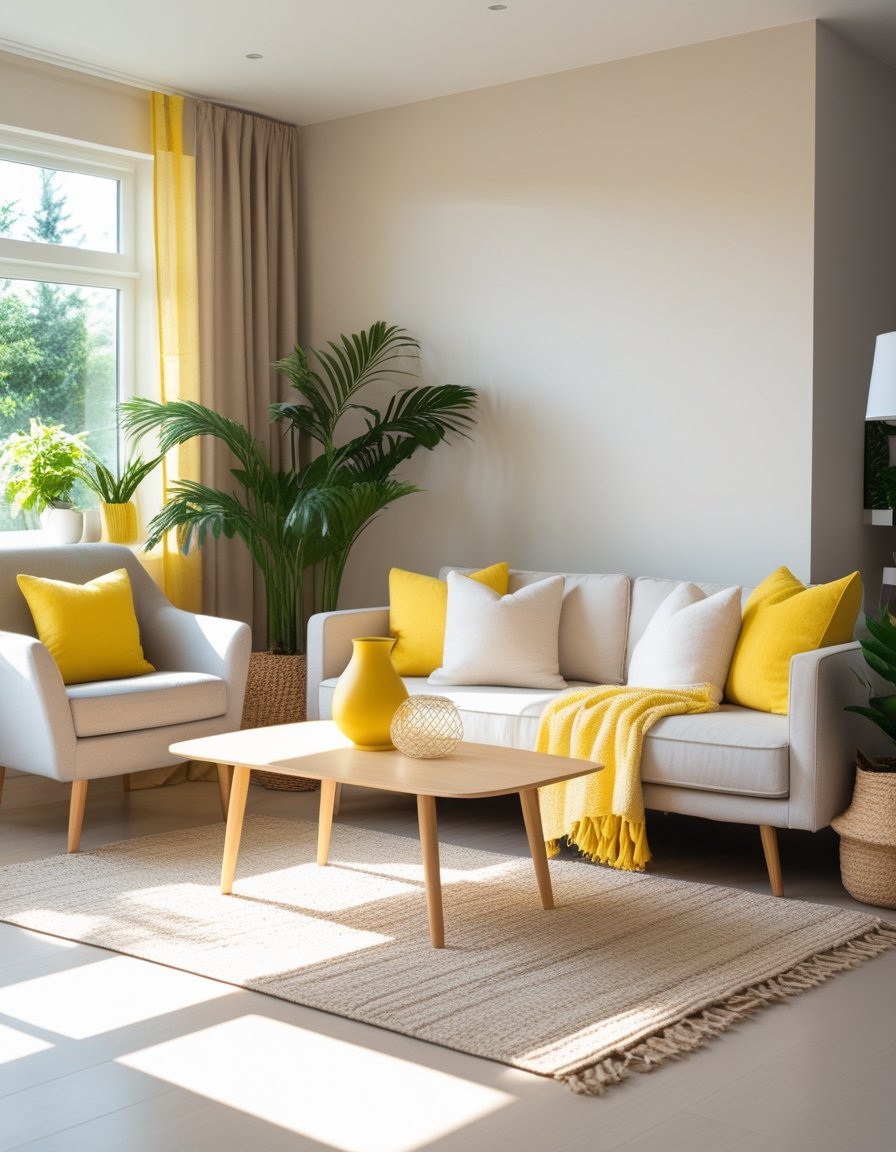 A living room with neutral colors accented by butter yellow pillows, a blanket, and a vase, with sunlight coming through large windows.