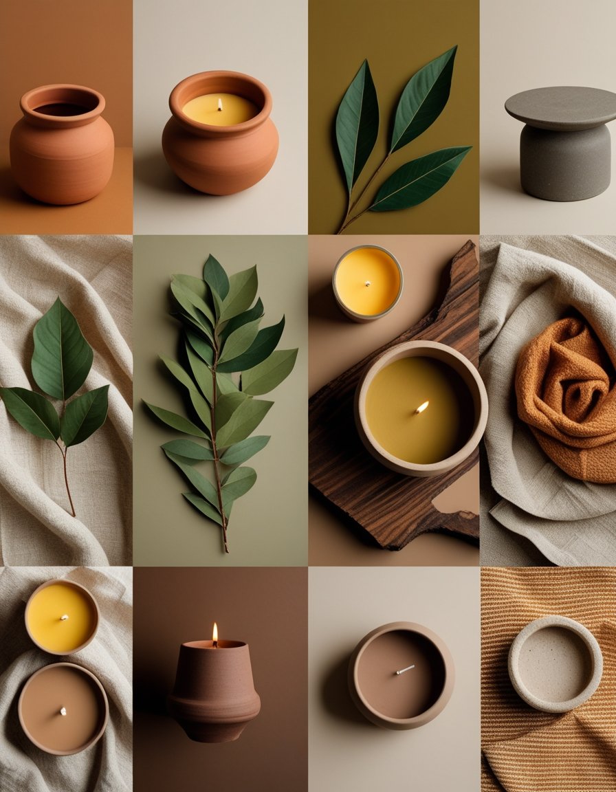 A flat lay of natural materials and design elements in seven earthy color combinations including terracotta, beige, olive green, mustard yellow, chocolate brown, taupe, and rust orange arranged on a neutral background.