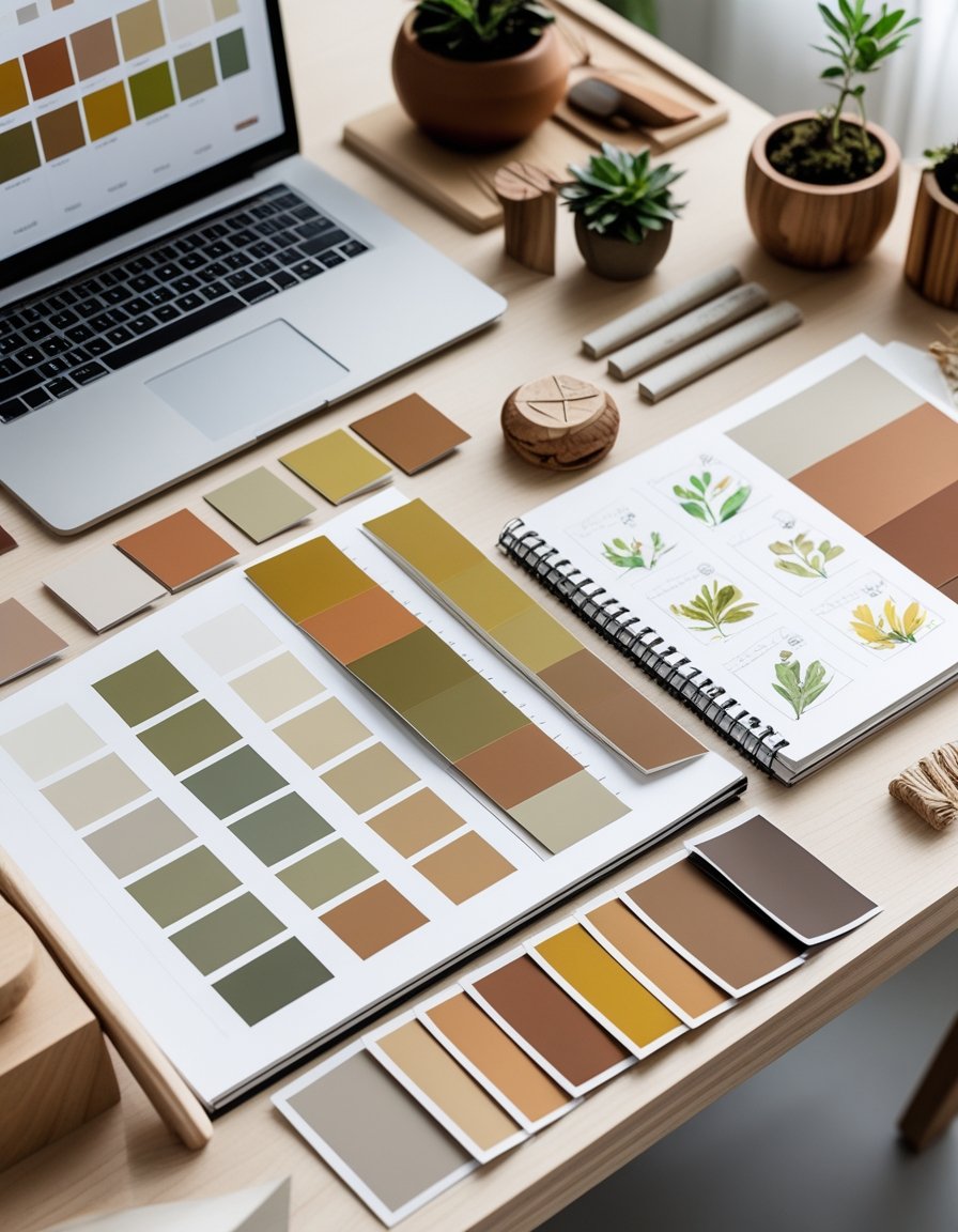 A designer's workspace with wooden desk, color swatches in warm earthy tones, a laptop showing a color palette, sketchbook with designs, and small potted plants.