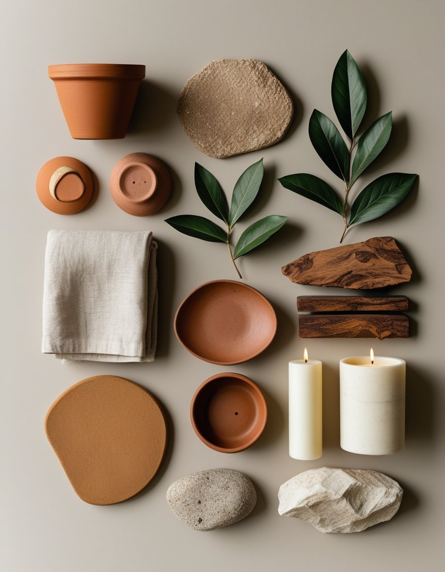 A flat lay of natural materials and objects in seven earthy colors arranged on a neutral surface.