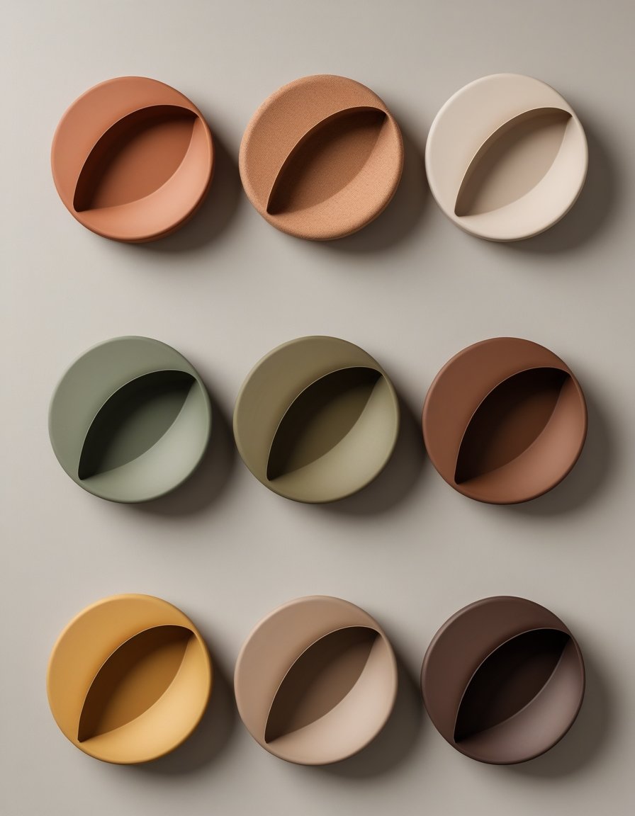 Seven different earthy color palettes arranged side by side on a neutral background.
