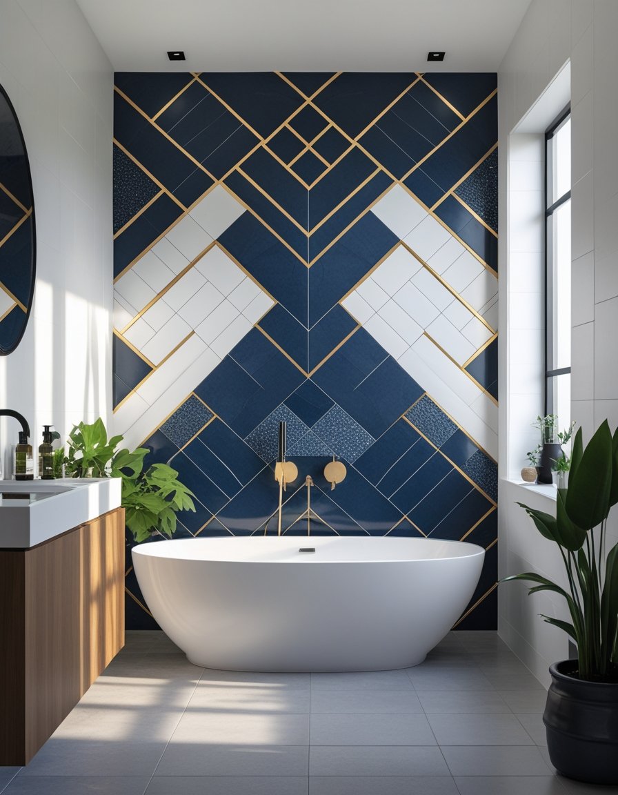 A modern bathroom with a freestanding bathtub in front of a bold geometric patterned tile wall, featuring a wooden vanity, round mirror, and green plants.