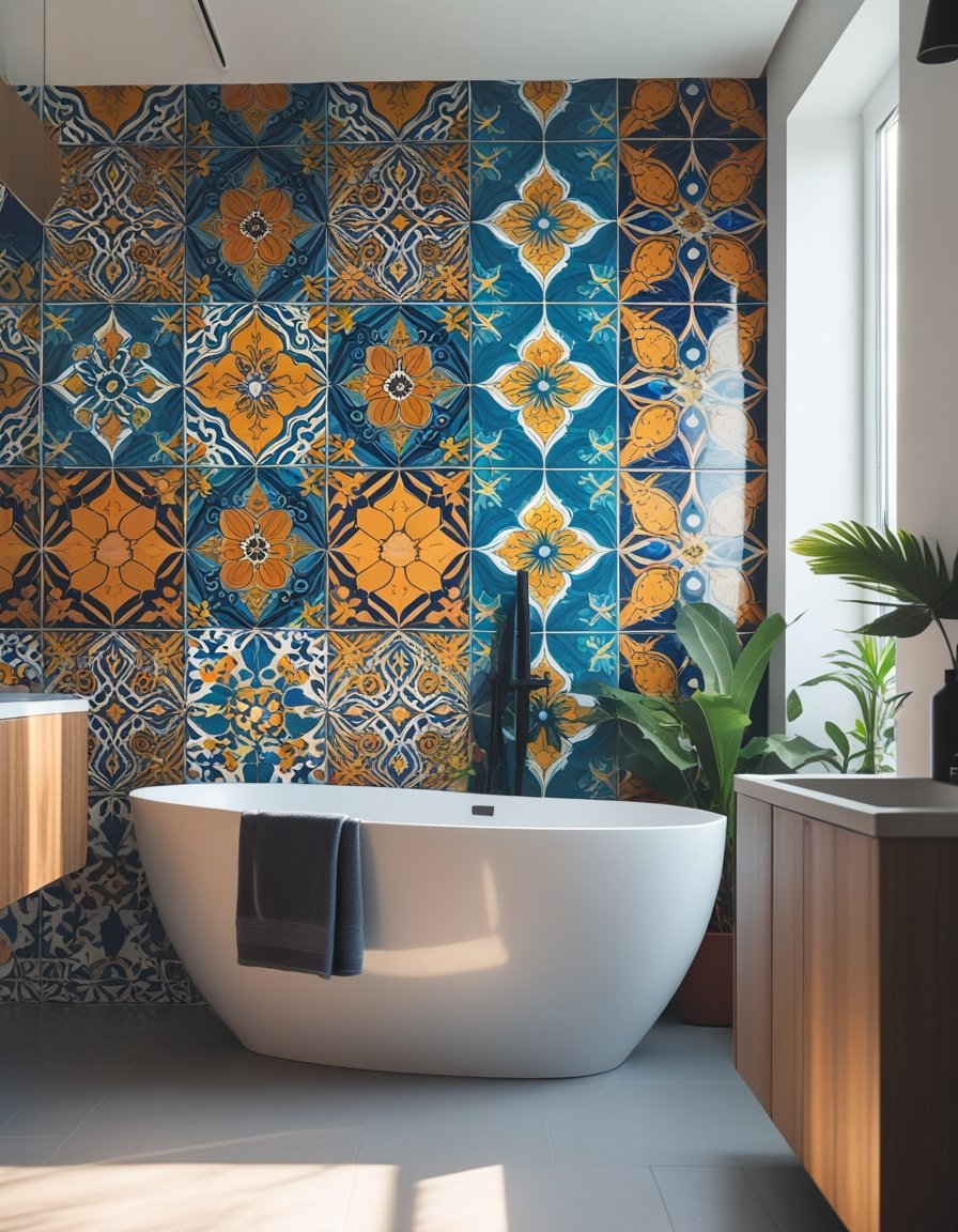 A modern bathroom with a freestanding bathtub in front of a wall covered in colorful patterned tiles, natural light coming through a window, and plants on a wooden vanity.