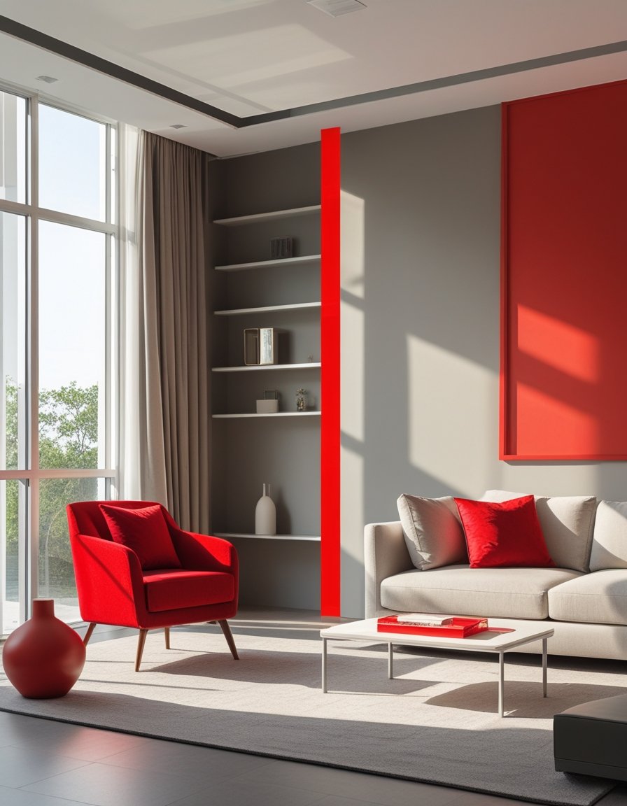 A modern living room with neutral colors and one bold red accent piece that stands out prominently.