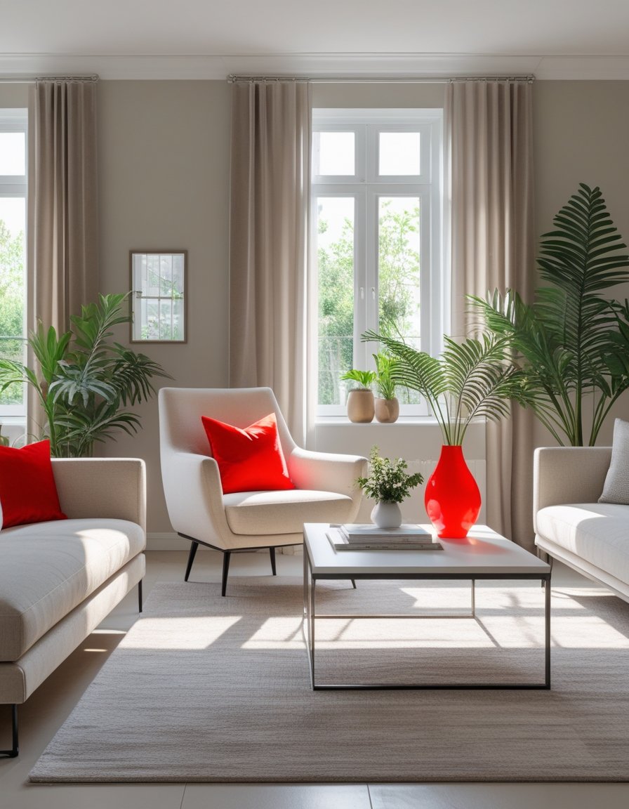 A modern living room with neutral colors featuring one bold red accent piece that stands out in the space.