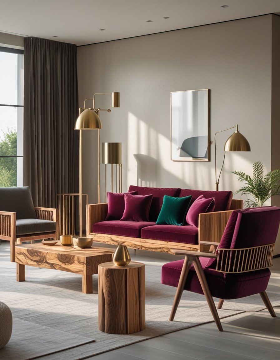 A living room with wooden furniture, velvet cushions, and metal decorative accents arranged in a balanced and inviting way.