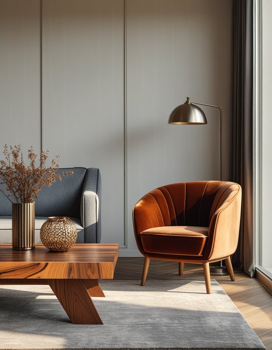 A living room with a wooden coffee table, a velvet armchair, and metal decorative objects arranged to show a balanced mix of textures.