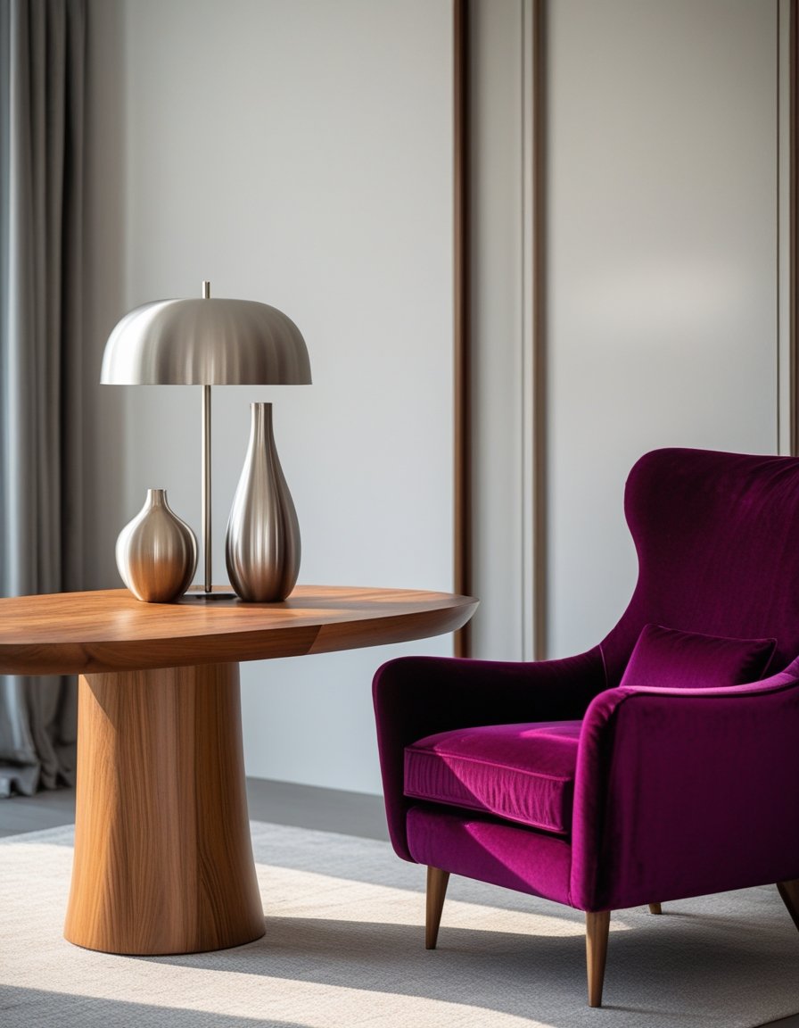 An interior scene with a wooden table, a velvet armchair, and metal decorative accents arranged together.