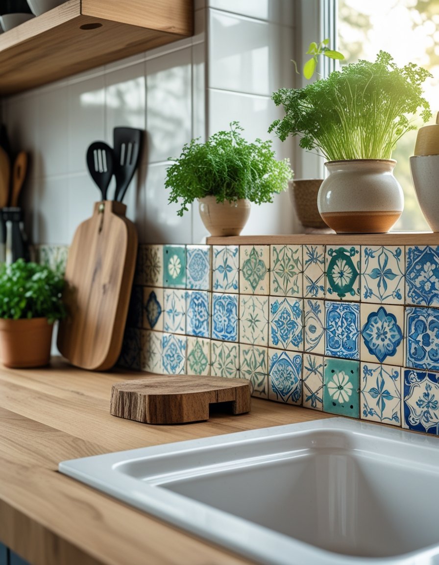 A kitchen countertop with vintage patterned tiles used as a decorative backsplash behind fresh herbs and kitchen utensils.