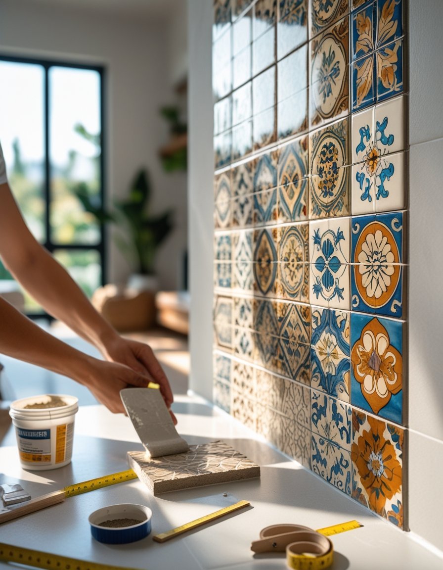 Person applying vintage ceramic tiles to a wall in a bright, modern home interior with tools nearby and natural light coming through windows.