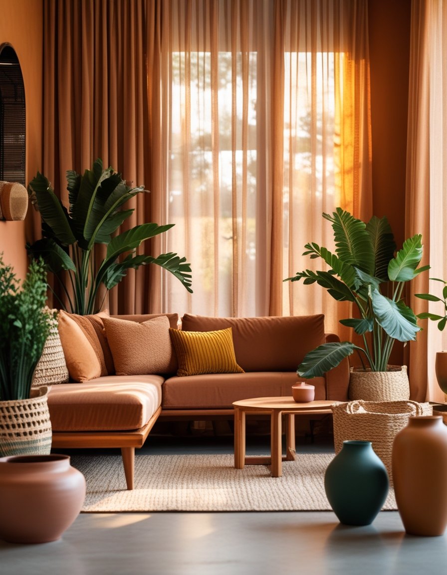 A cozy living room with a sofa, cushions, wooden furniture, plants, and warm natural lighting.