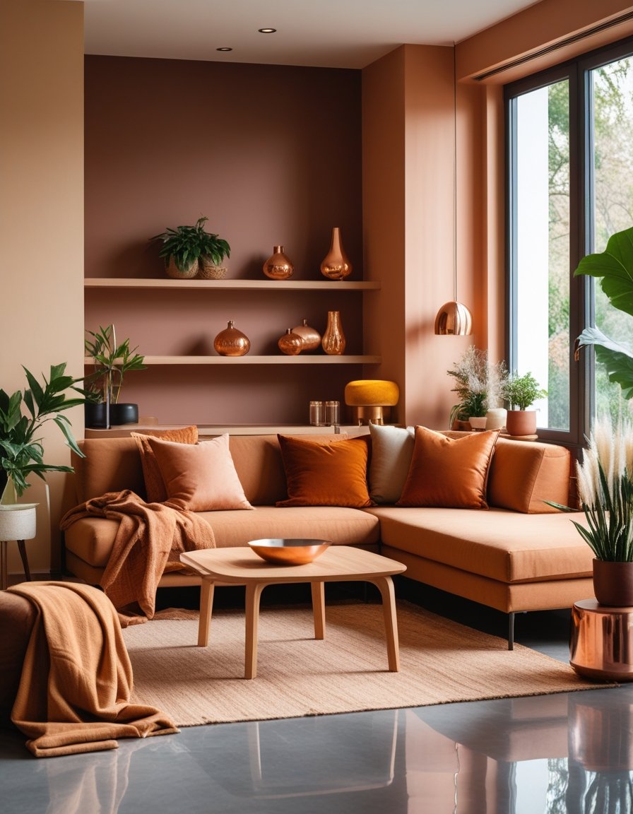 A modern living room with warm-toned walls, cozy sofa, wooden furniture, and natural light coming through large windows.