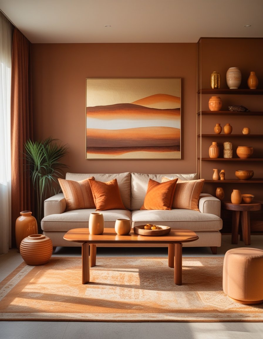 A cozy living room with warm-toned furniture and decor including a beige sofa, orange pillows, wooden coffee table, and decorative vases, bathed in soft natural light.
