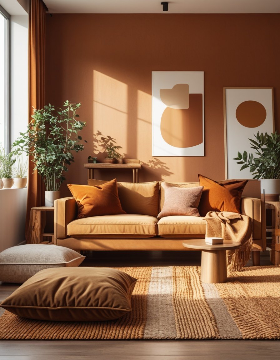 A modern living room with warm terracotta and orange walls, beige furniture, wooden accents, and green plants illuminated by natural light.