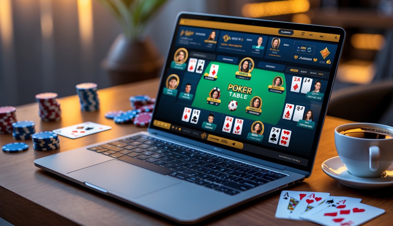 Seorang pengguna bermain poker online di laptop dengan meja poker dan chip di sekitar meja kayu.