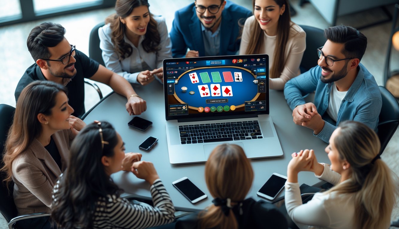 Orang-orang berkumpul di sekitar laptop yang menampilkan permainan poker online dengan kartu dan chip, terlihat fokus dan antusias.