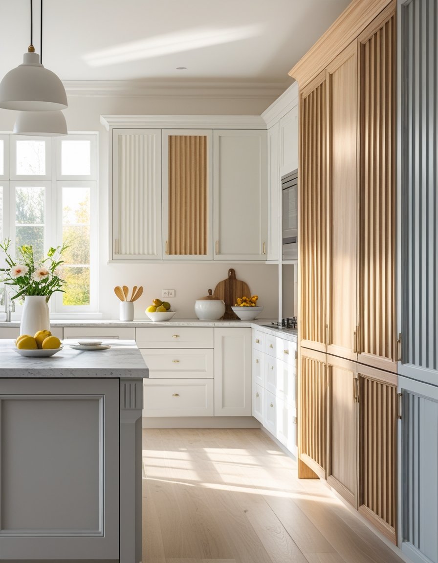 A modern kitchen with fluted cabinet doors in different finishes around a kitchen island under natural light.