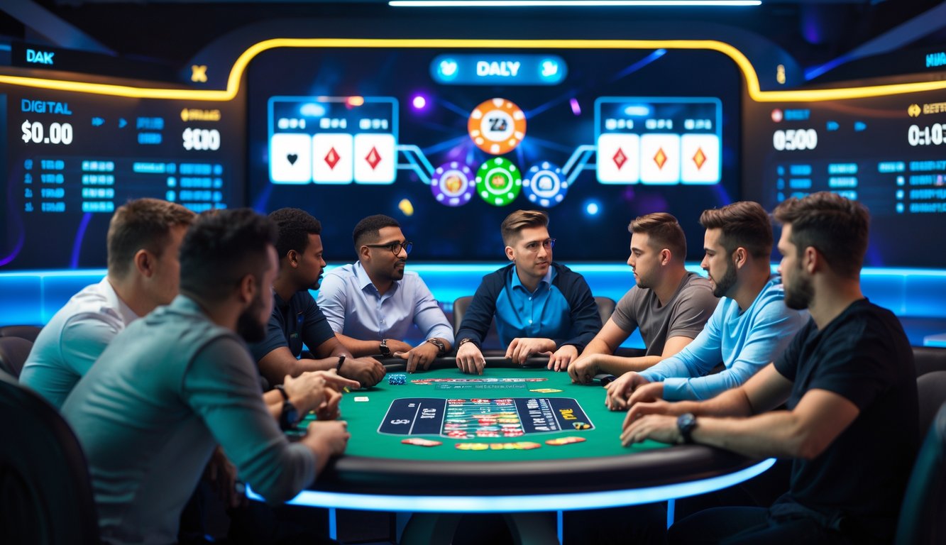 Beberapa pemain fokus bermain poker online di meja digital dengan kartu dan chip yang terlihat di layar, menunjukkan suasana kompetisi harian.