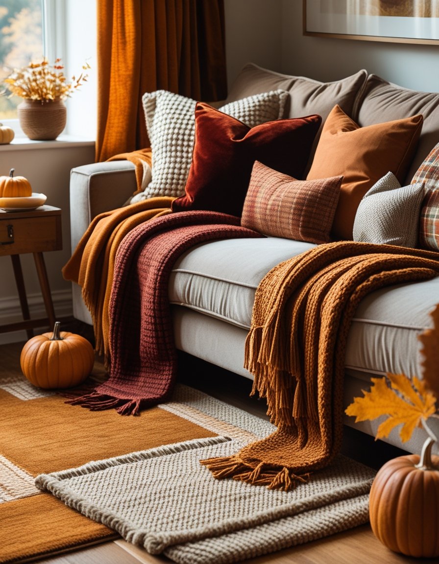 A cozy living room corner with layered throws, cushions, and rugs in warm fall colors, next to a wooden side table with a cup of tea and a small pumpkin.