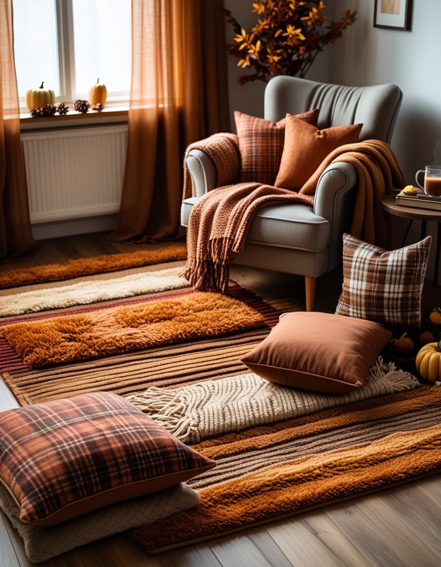 A cozy living room corner with layered rugs, throws, and cushions in warm fall colors, featuring a wooden floor, an armchair, and soft natural light.