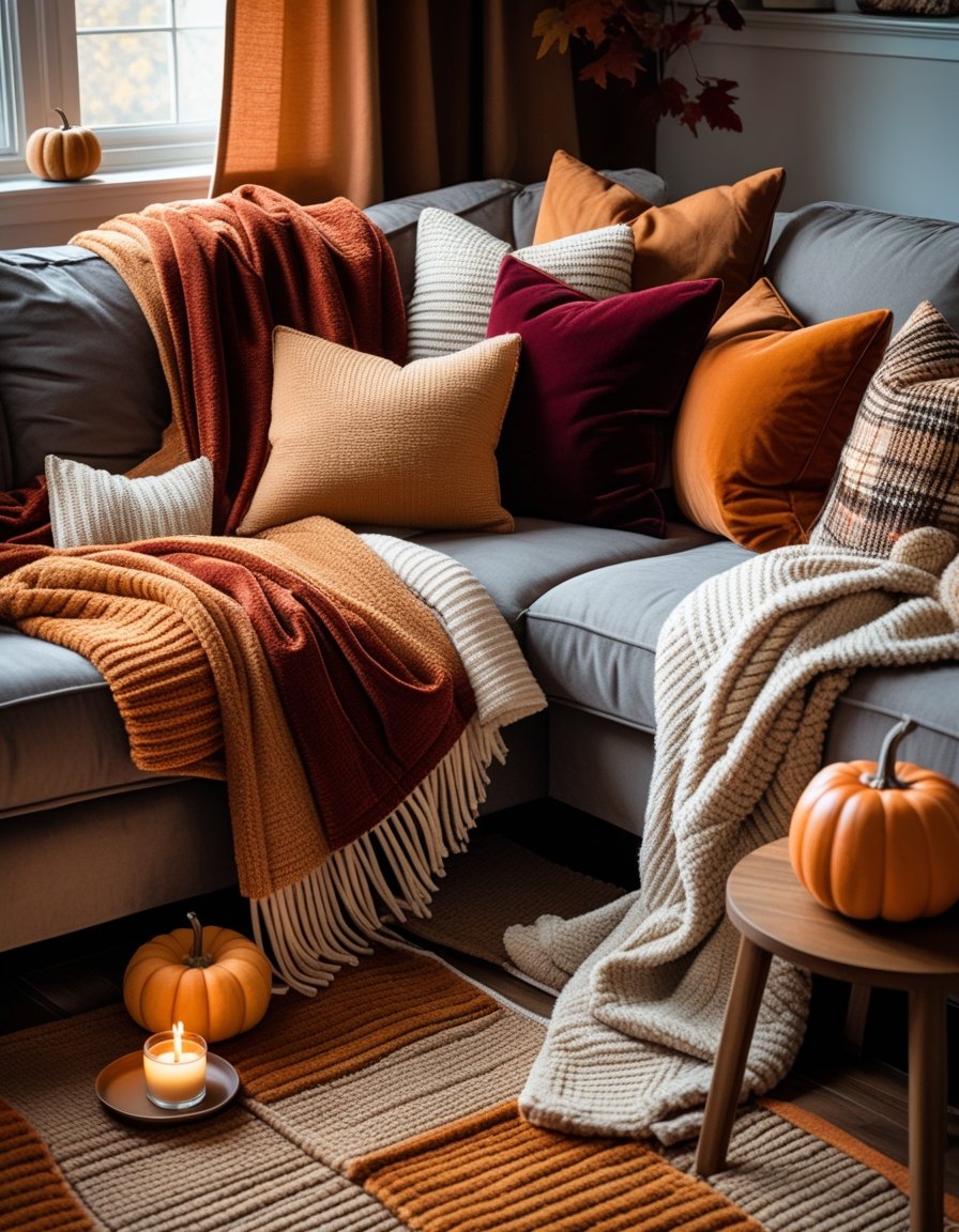 A cozy living room with a sofa layered with multiple throw blankets and cushions, textured rugs on the floor, and soft natural light creating a warm atmosphere.