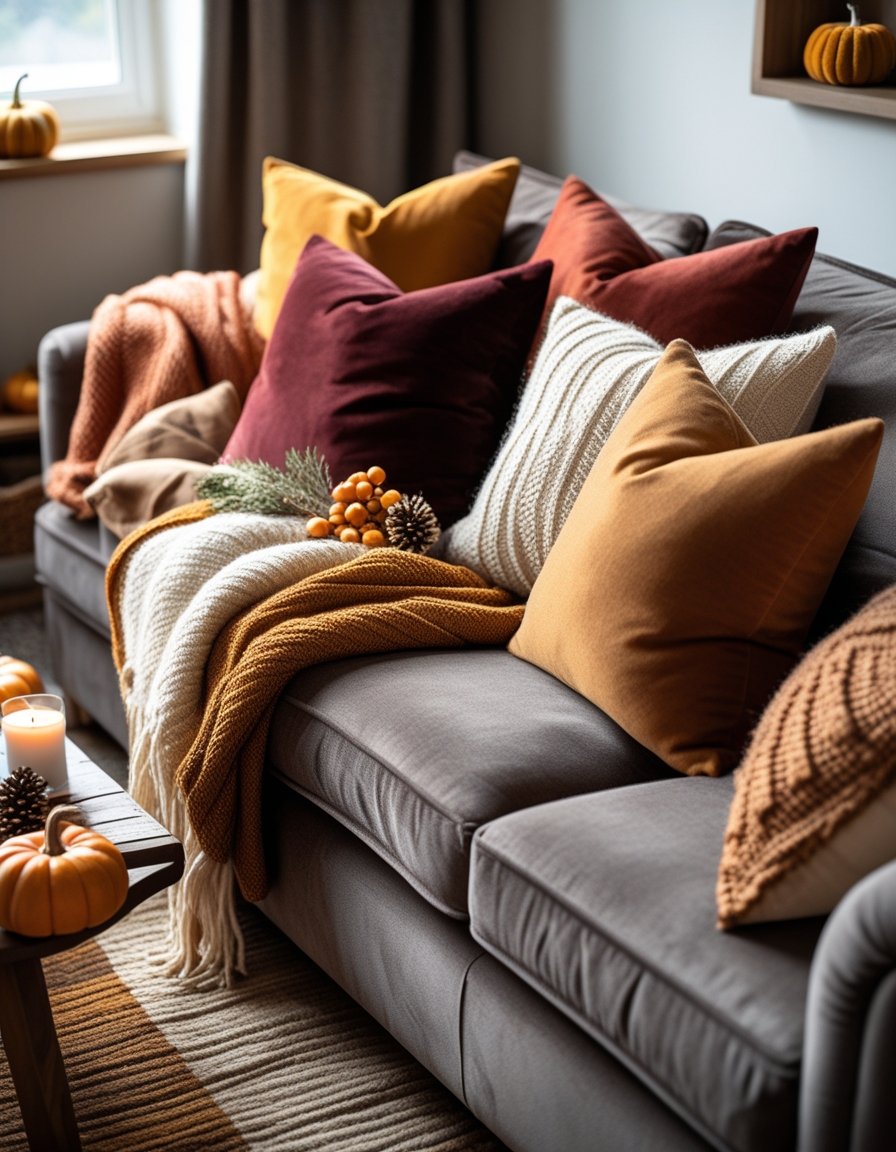 A living room with a sofa layered with cushions and throws in warm fall colors, a rug underneath a wooden coffee table with autumn decorations.