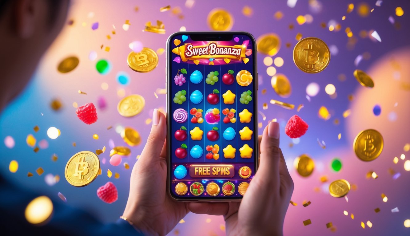 Tangan memegang ponsel yang menampilkan permainan slot dengan simbol permen dan koin emas di latar belakang yang cerah dan meriah.