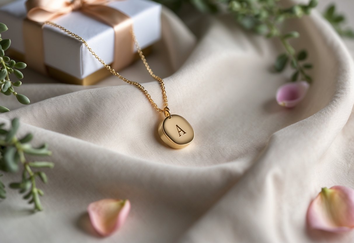Close-up of a gold initial necklace on soft fabric with a small gift box and flower petals nearby.