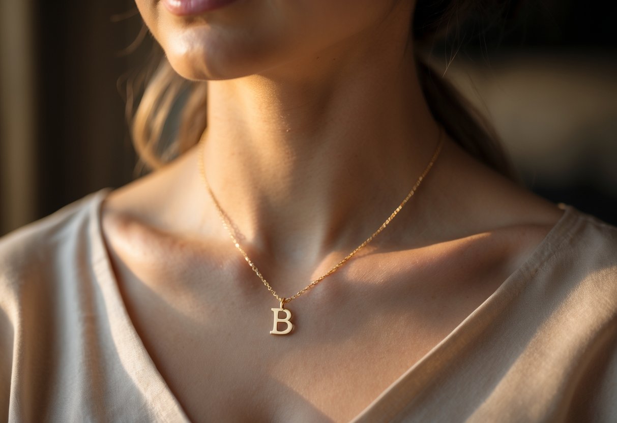 Close-up of a woman's neck wearing a gold initial necklace with a blurred warm background.