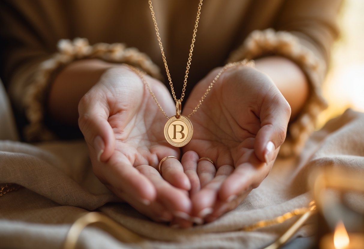 Close-up of a woman holding a personalized initial necklace with a blurred warm background.