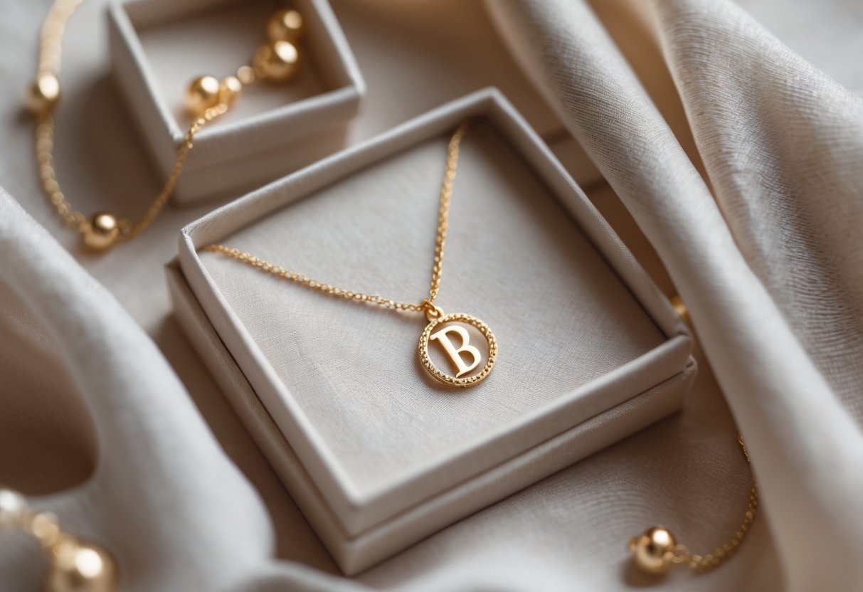 Close-up of a gold initial necklace displayed on soft fabric with decorative beads and a jewelry box nearby.