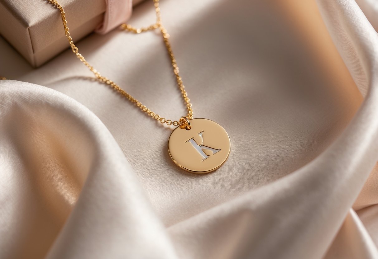 Close-up of a gold initial necklace on soft fabric next to a gift box with a ribbon.