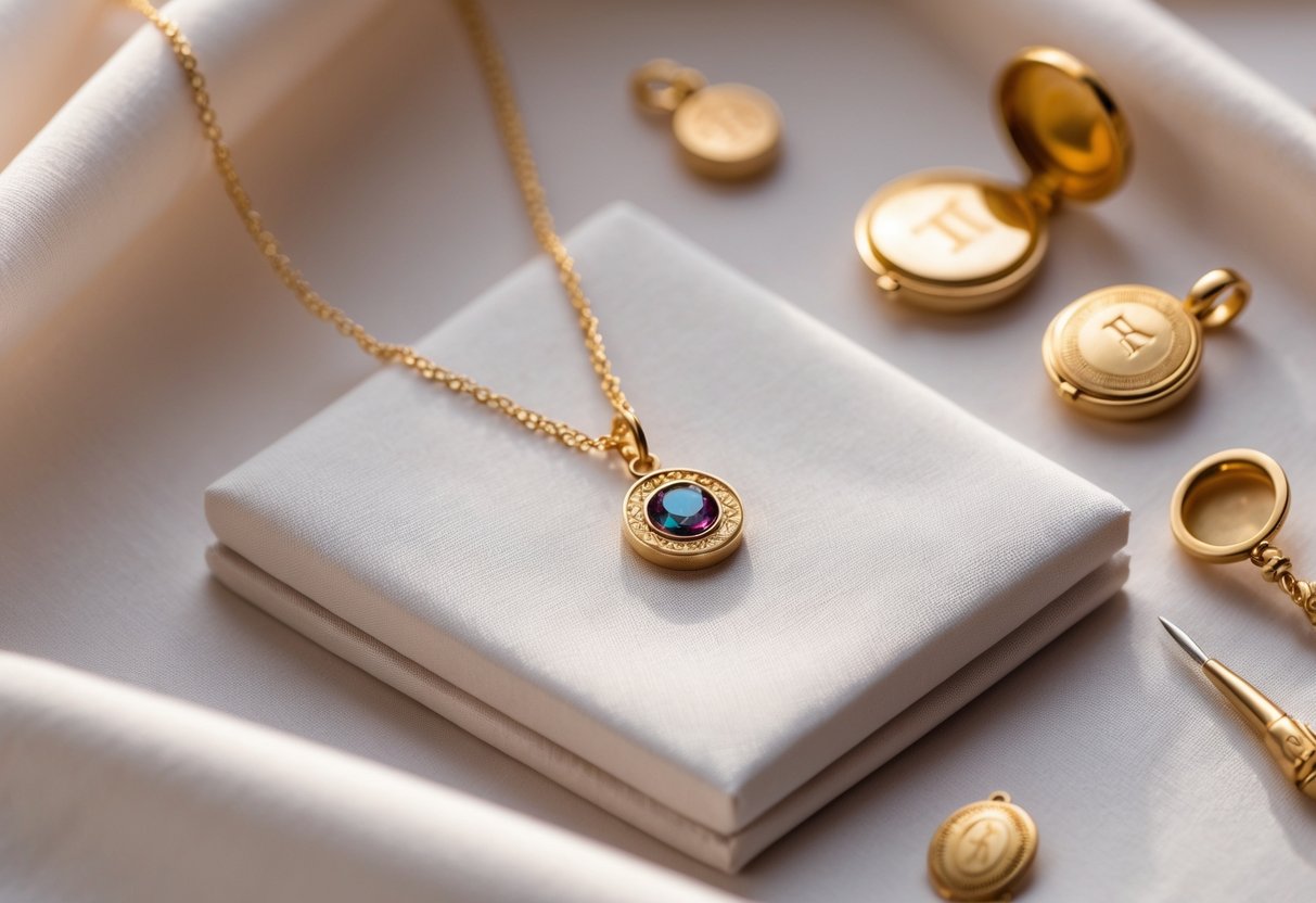 Close-up of a personalized initial necklace with a birthstone charm, surrounded by lockets and engraving tools on a soft fabric background.