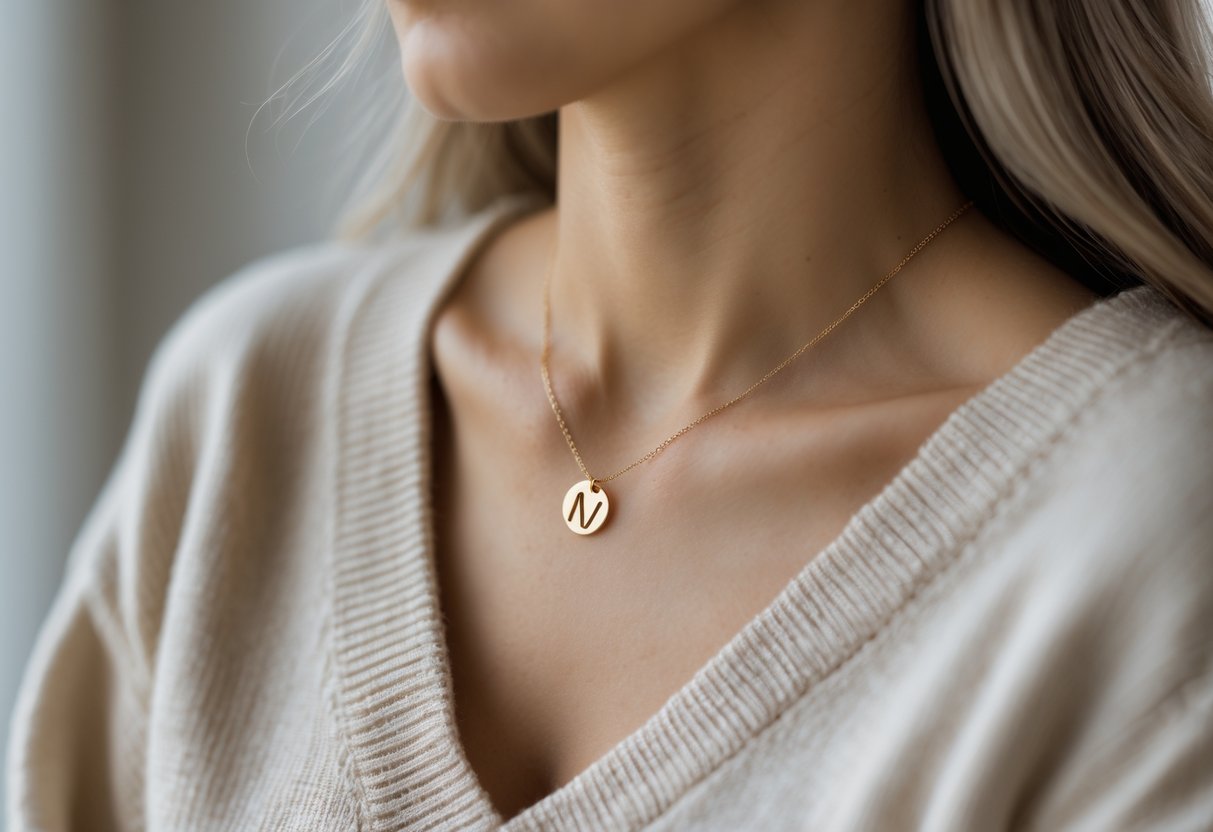 Close-up of a person wearing a delicate initial necklace with a casual neutral-colored top, set against a softly blurred background.