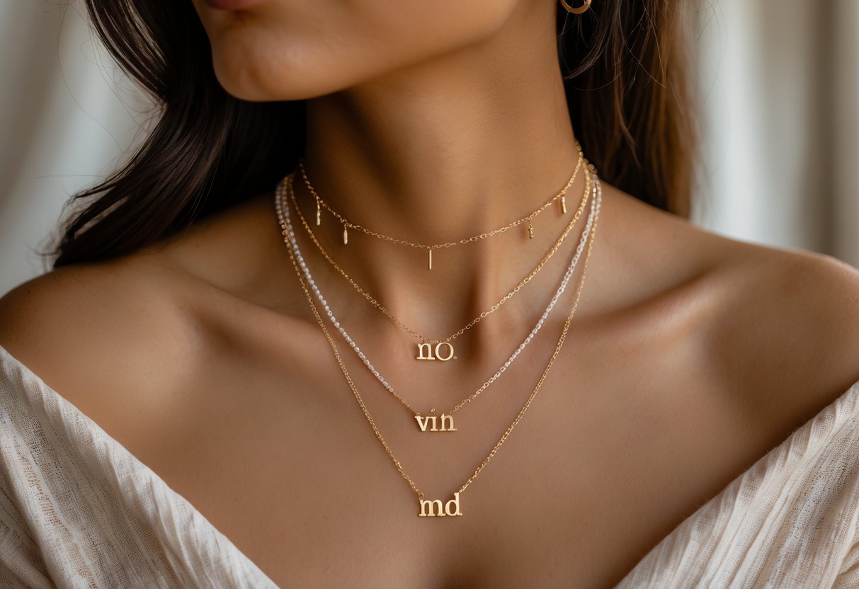 Close-up of a person's neck wearing layered personalized initial necklaces paired with other jewelry.