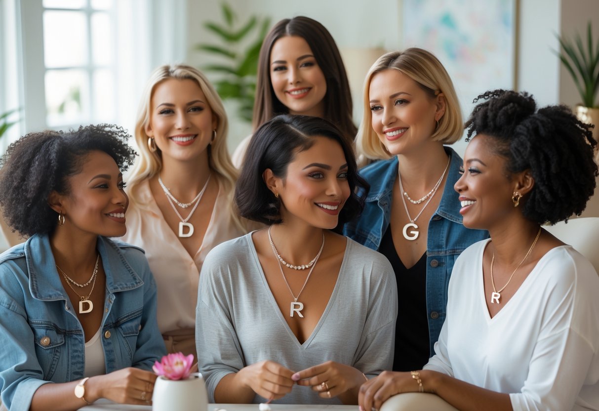 A group of women of different ages wearing personalized initial necklaces, smiling and interacting in a bright, cozy indoor setting.