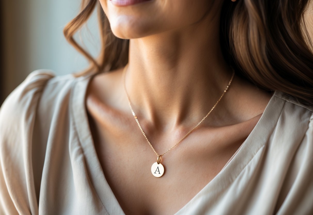 Close-up of a woman wearing a delicate personalized initial necklace on her collarbone, smiling softly.