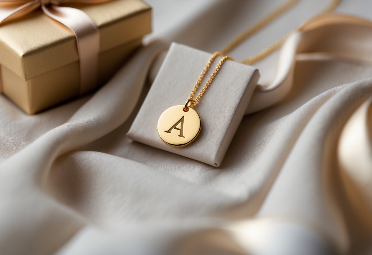 Close-up of a gold initial necklace on soft fabric with a gift box and ribbon in the background.