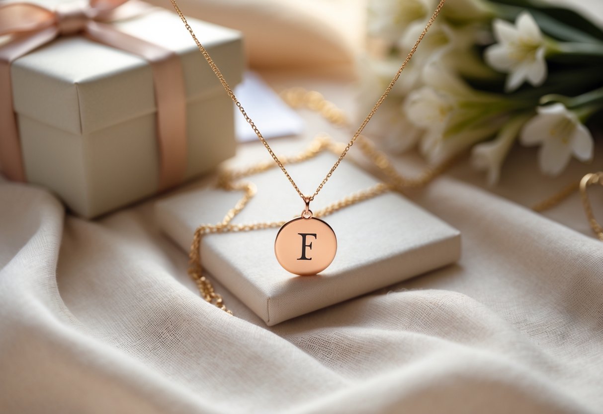 A close-up of a delicate personalized initial necklace on soft fabric, with a gift box and flowers blurred in the background.