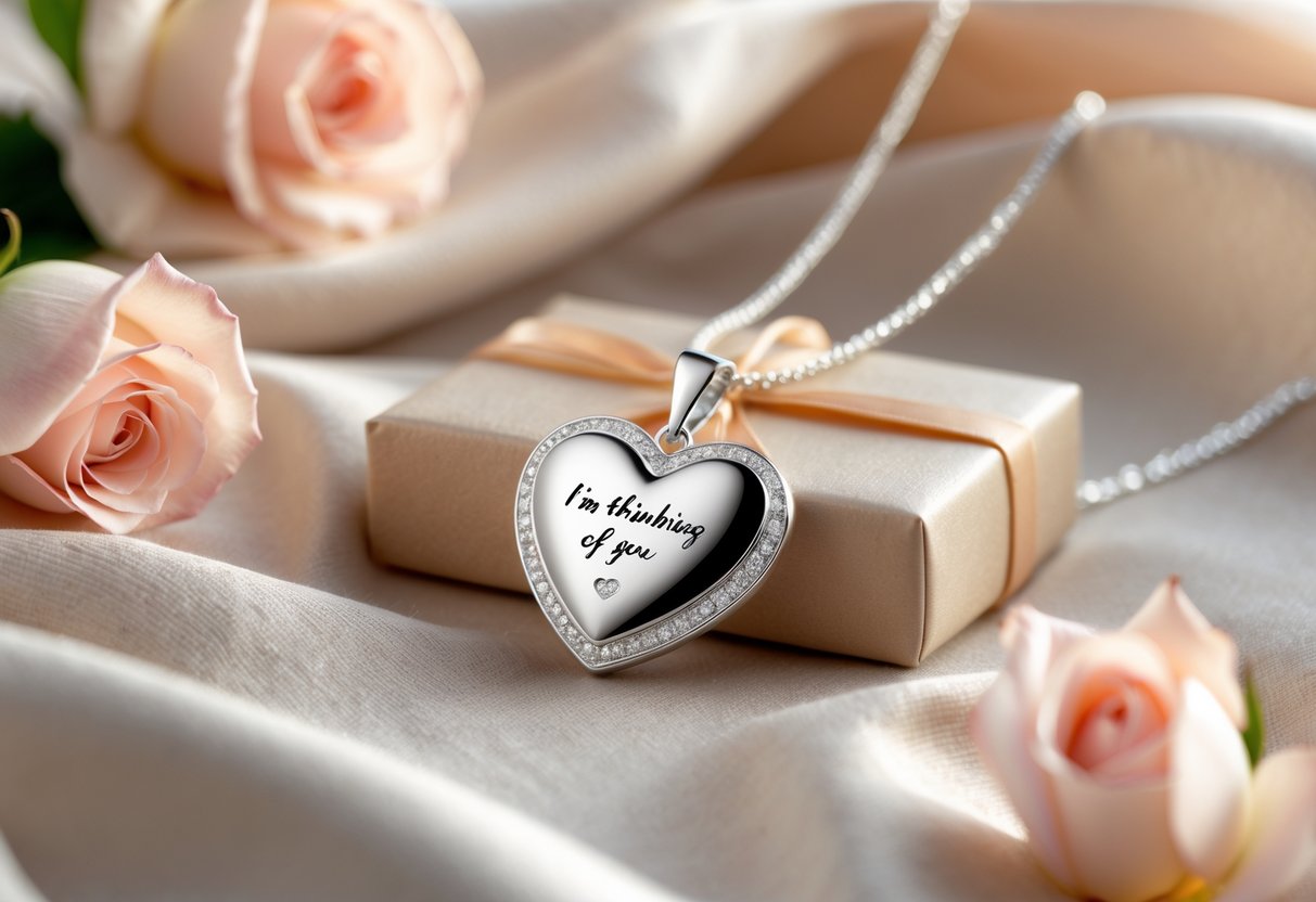 A close-up of an engraved heart-shaped silver necklace resting on soft fabric with rose petals and a small open gift box nearby.